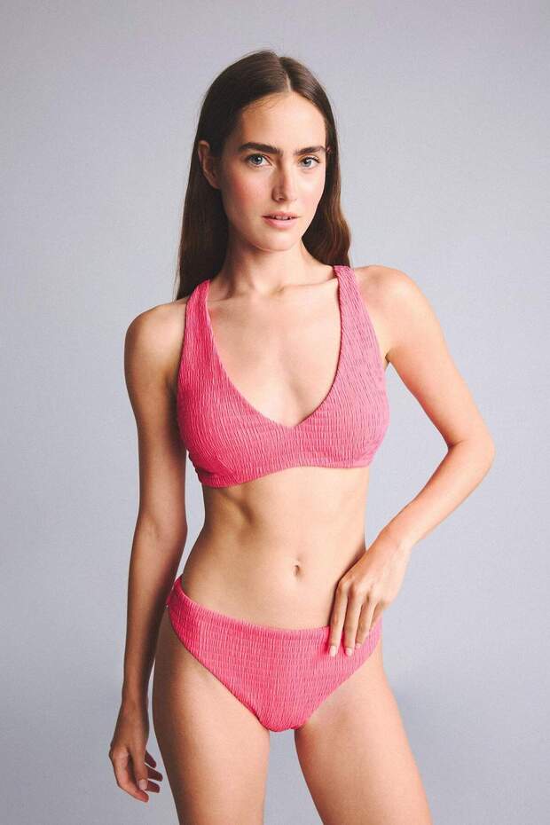 Regular Fit Wrinkled Textured Fuchsia Bikini Bottom G5349Ax26Sm