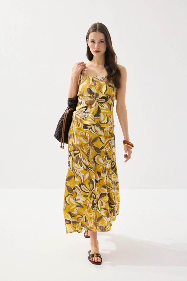 Patterned Linen Blouse with Straps - Yellow - 2