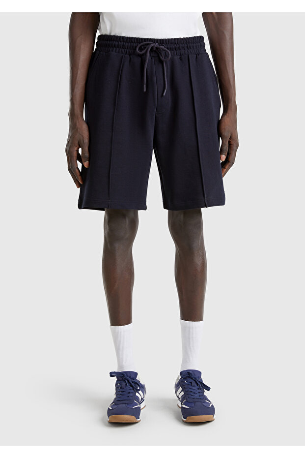Men's Navy Blue 100% Cotton Logo Detailed Drawstring Bermuda Shorts