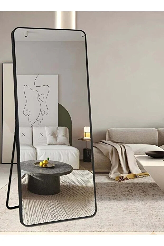 مرآة كبيرة بتصميم أنيق 155×45 سم - مرآة كاملة الطول بإطار معدني أسود وحامل خلفي