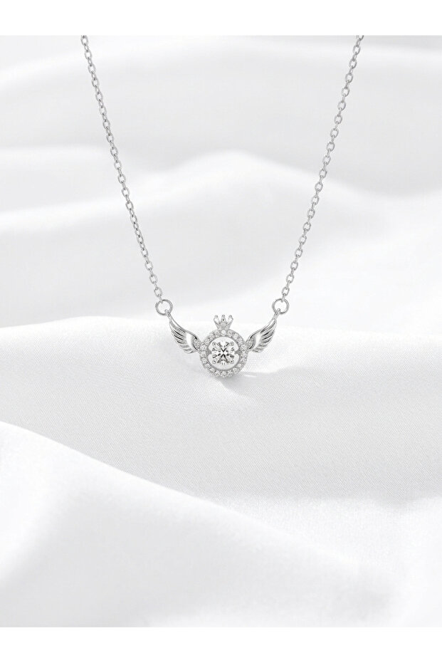 Women's Stainless Steel Zircon Stone Solitaire Ring and Angel Wing Necklace