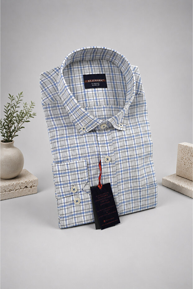 Royal Grid Plaid Long Sleeve Cotton Pocket Casual Fit Premium Men's Shirt