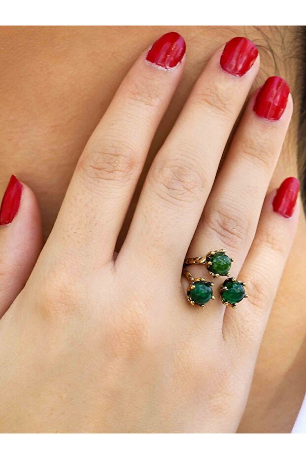 Natural Stone Green Agate 3-Piece Natural Stone Antique Model Women's Adjustable Ring Euy88Ya