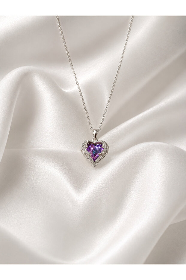 Women's Stainless Steel Silver Crystal Purple Zircon Stone Heart of the Ocean Sparkling Love Heart Necklace
