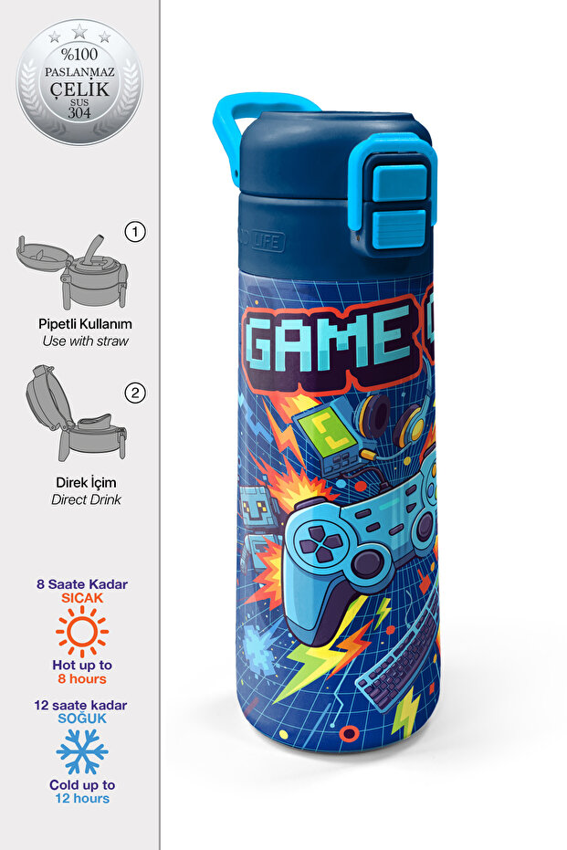 Kids Navy Blue Game Patterned Steel Thermos with Straw and Direct Drinking Cap 500 ml 31833