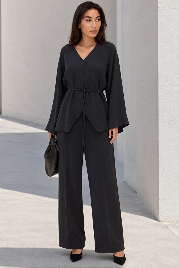 Smoked V-Neck Buttoned Belted Double Modal Women's Suit Mg2619