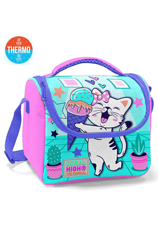 Kids Turquoise Pink Ice Cream Cat Patterned Thermo Lunch Bag 11751