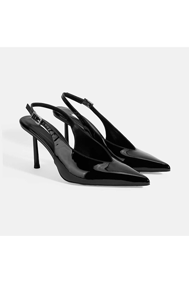 Women's Black Adjustable Stone Buckle Detailed Patent Leather Heeled Shoes