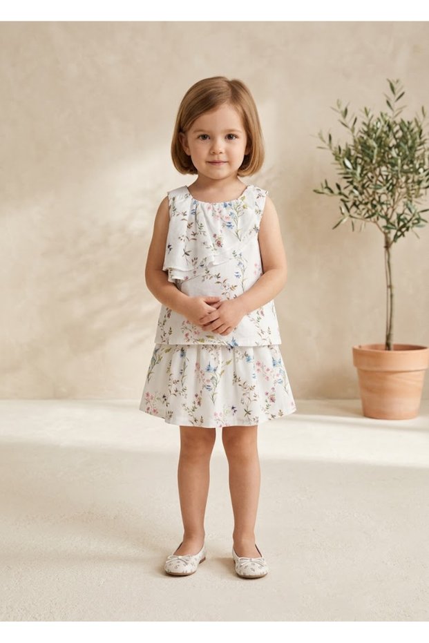 Organic Floral Flounced White Summer Little Girl's Blouse-Skirt Set