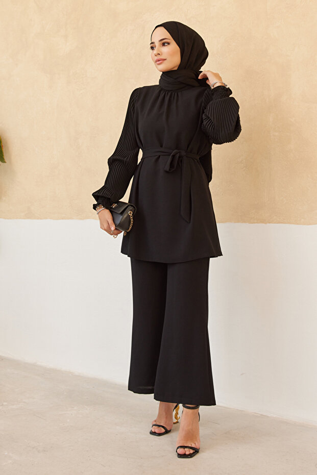 Pleated Sleeves Trousers Tunic Set - Black