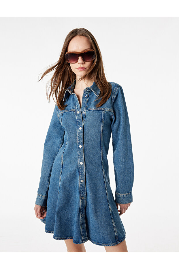 Cotton Long Sleeve Classic Collar Button Flounced Mini Denim Dress