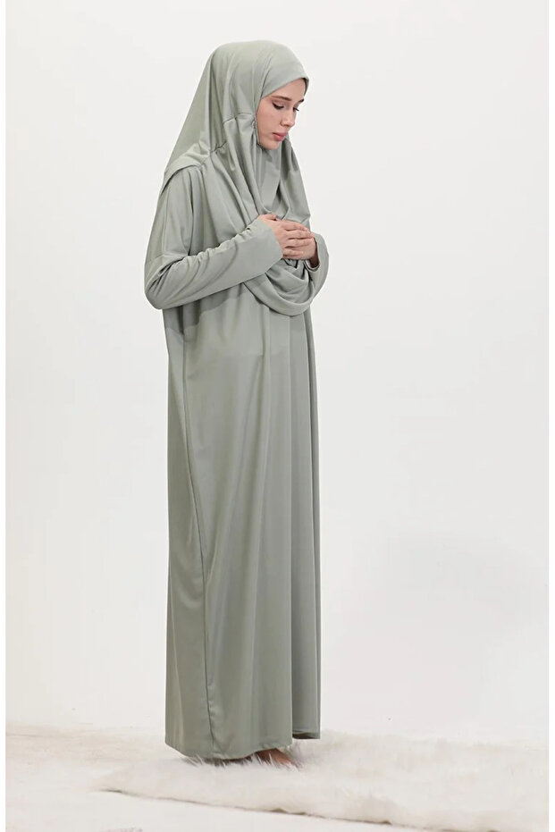 Plus Size Practical Prayer Dress with Bag 1975-10 Çağla Green