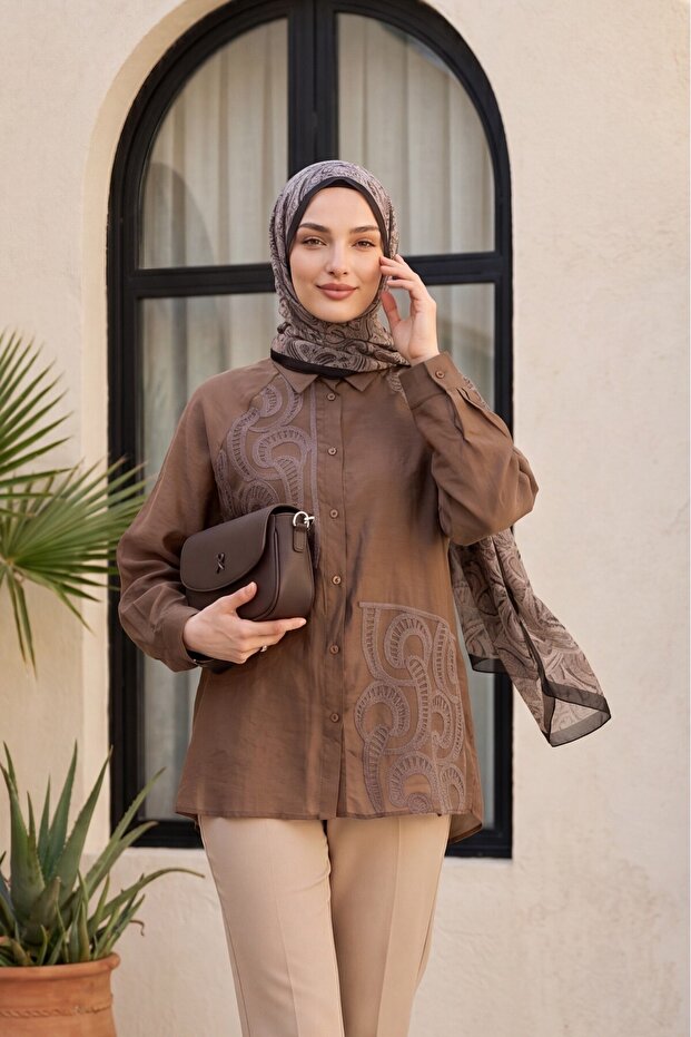 Asymmetrical Embroidered Buttoned Tulle Voile Tunic -Brown