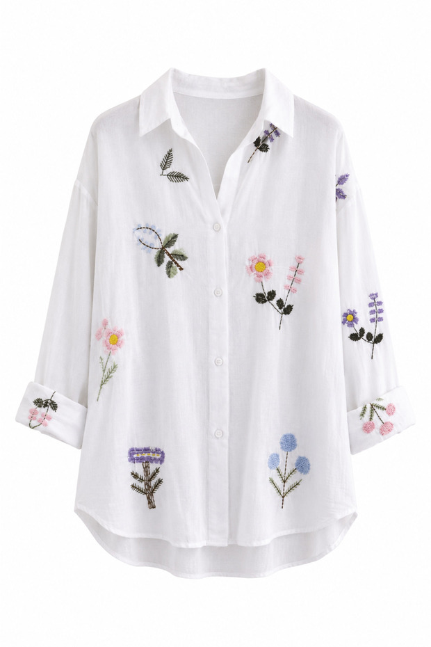 White Floral Embroidered Shirt