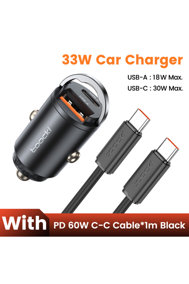 شاحن سيارة صغير بقوة 33 واط مع كابل PD 60 واط، شحن سريع PD QC3.0، منفذ USB من النوع C مع حلقة سحب.