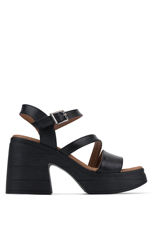 Women's Genuine Leather Black Leather Heeled Sandals