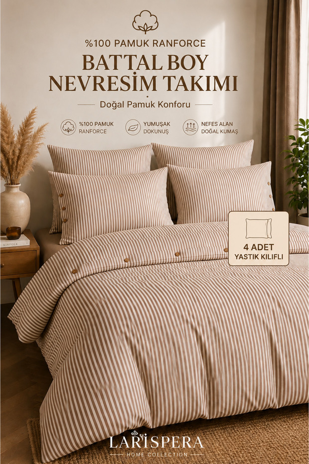 King Size Buttoned Cotton Ranforce Bed Sheet with Elastic and 4 Pillowcases, Striped Duvet Cover Set, King Size Brown