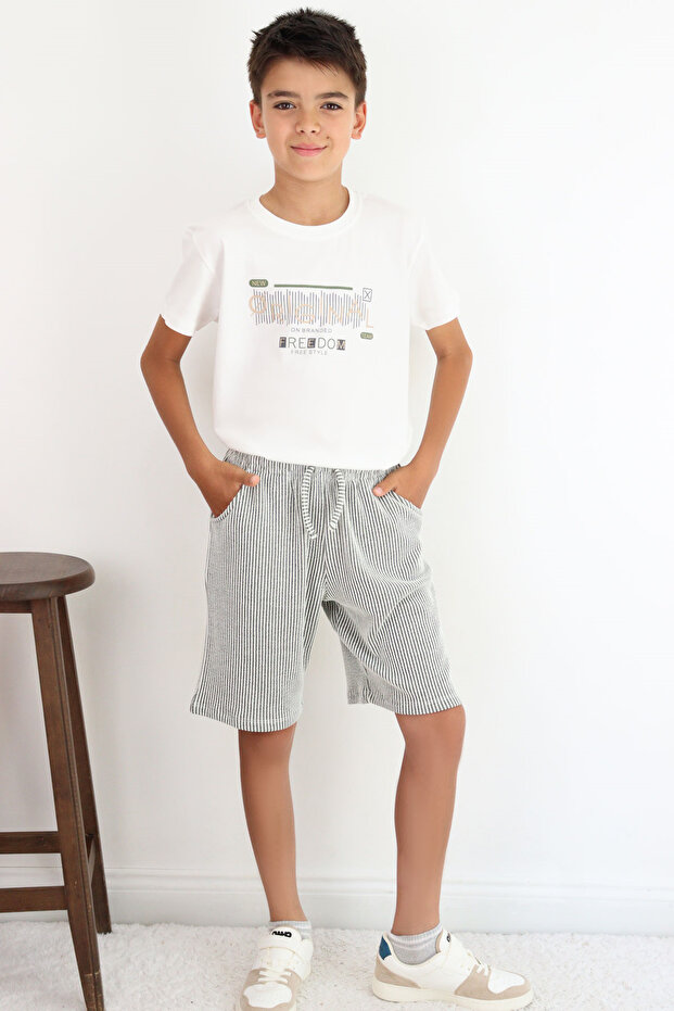 Boy's Shorts Set with Lettering Printed Shorts and Stripes, Ages 6-12, Ecru