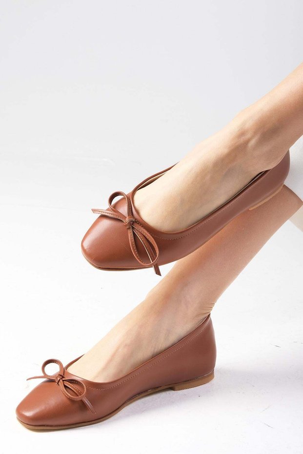 Nelly Tan Color Bow Accessory Blunt Toe Women's Ballerina Shoes
