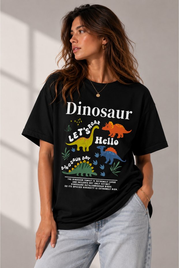 Unisex Large Size Oversize Dinosaur Printed Premium 100% Cotton Crew Neck T-Shirt