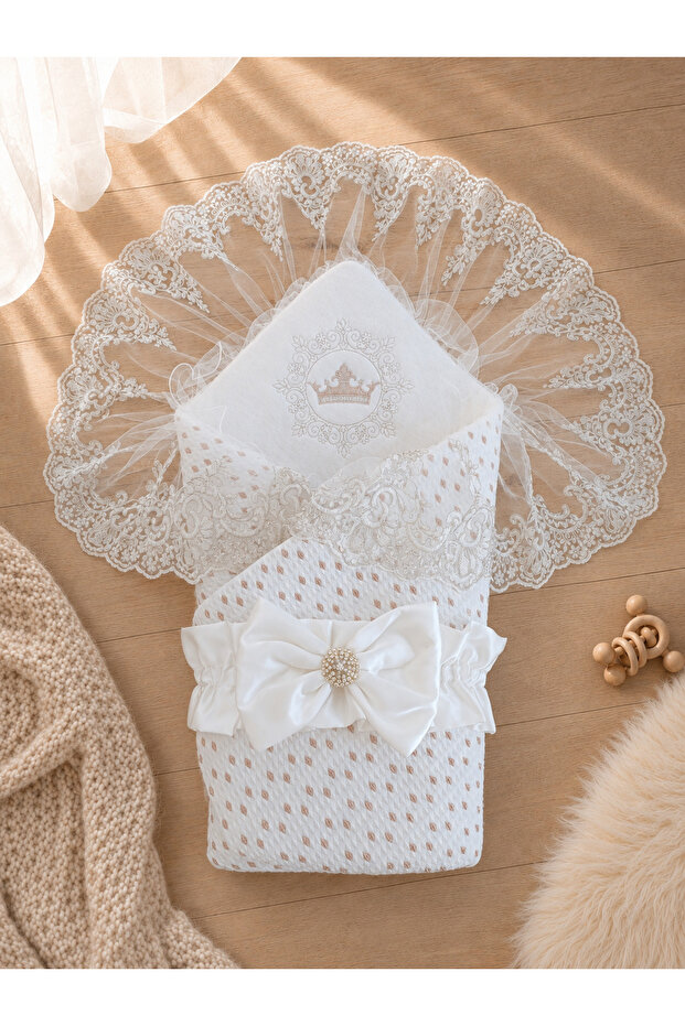 Crown Embroidered Lace Baby Swaddle with Waffle Texture and Bow Newborn Hospital Release Product Description: