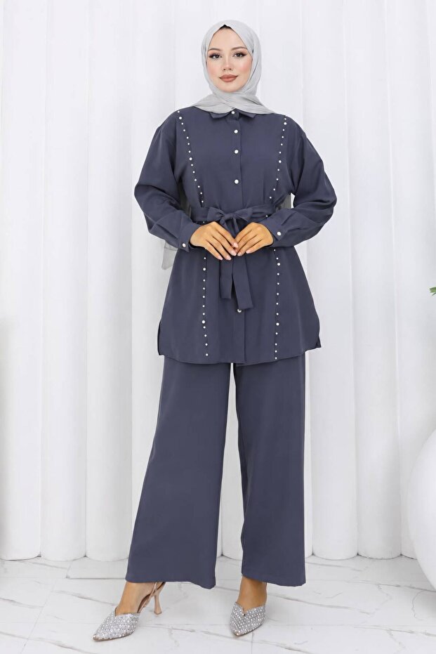 Pearl Belted Double Suit Gray 19265
