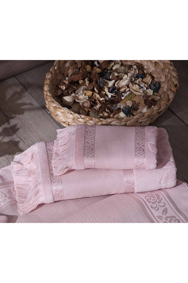 2-Piece SARRA ETAMIN FRINGED TOWEL SET (30x50-50x90 cm) - POWDER