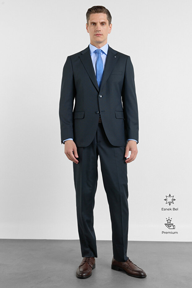 Navy Blue Mono Collar Flexible Waist 6 Drop Comfort Fit Full Lining Flexible Suit 1001260151