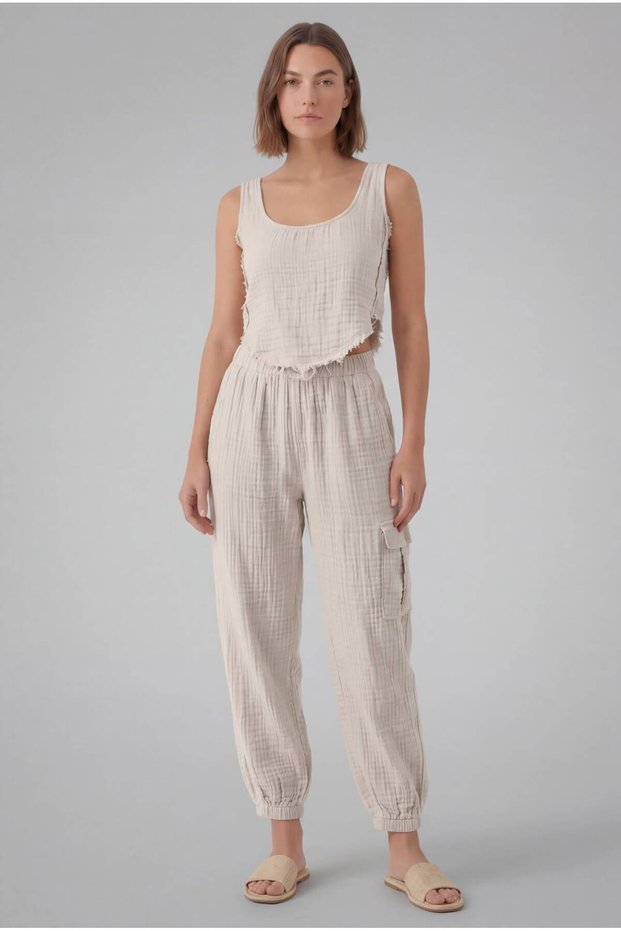 Women's Muslin Textured Crop Tank Top and Cargo Pocket Shalwar Pants Two-Piece Set