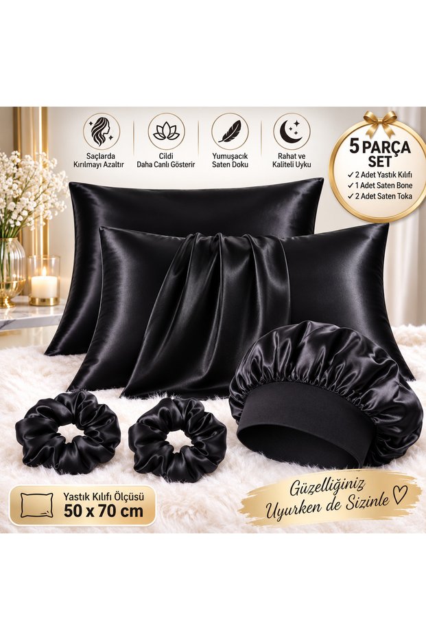 For Curly and Straight Hair (5 Pieces) Satin 50X70 Black Color Satin Pillowcase, Bonnet and Hairpin Set