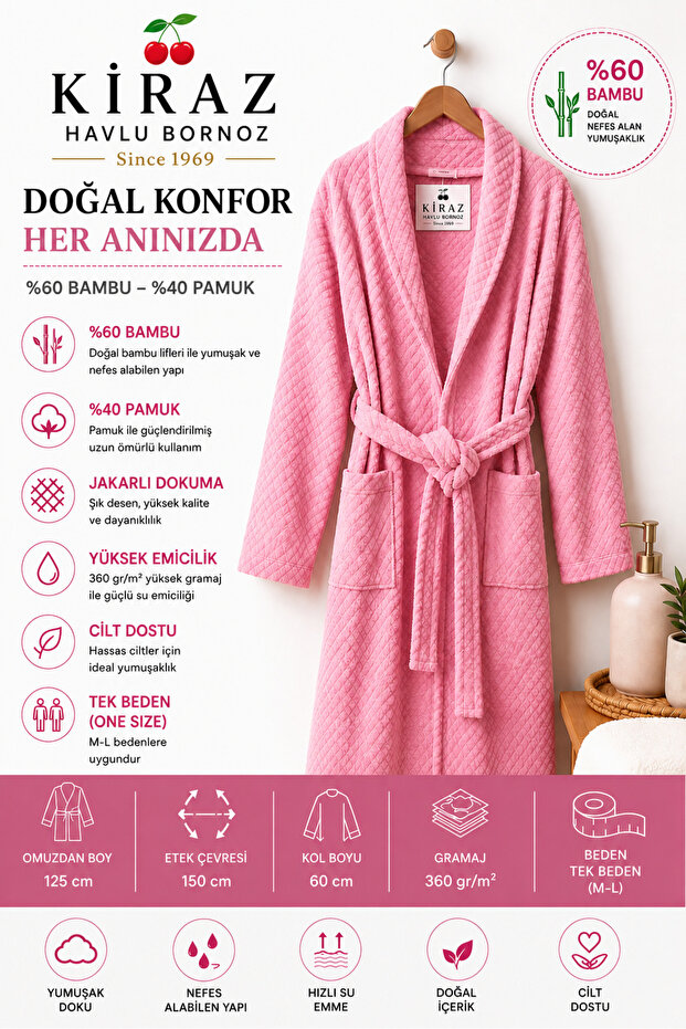 Premium Bamboo Honeycomb Textured High Absorbent Pink Bathrobe