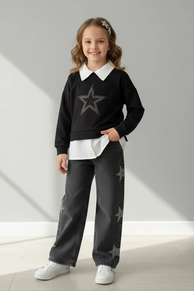 My Little One's Cicileri Star Stone Detailed Girls' 2-Piece Set - Black