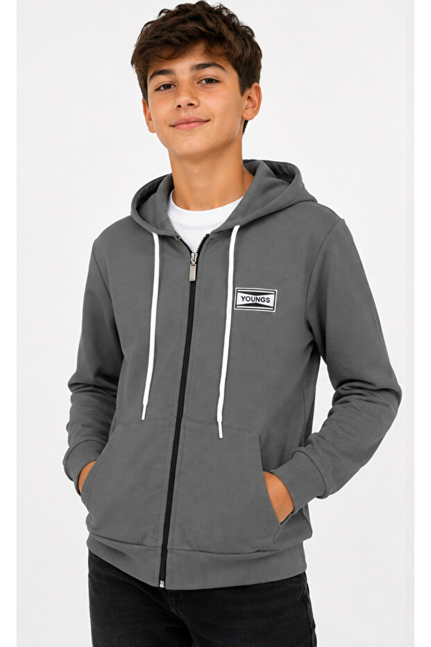 Boy's Young Text Patterned Zippered Hooded Gray Cardigan