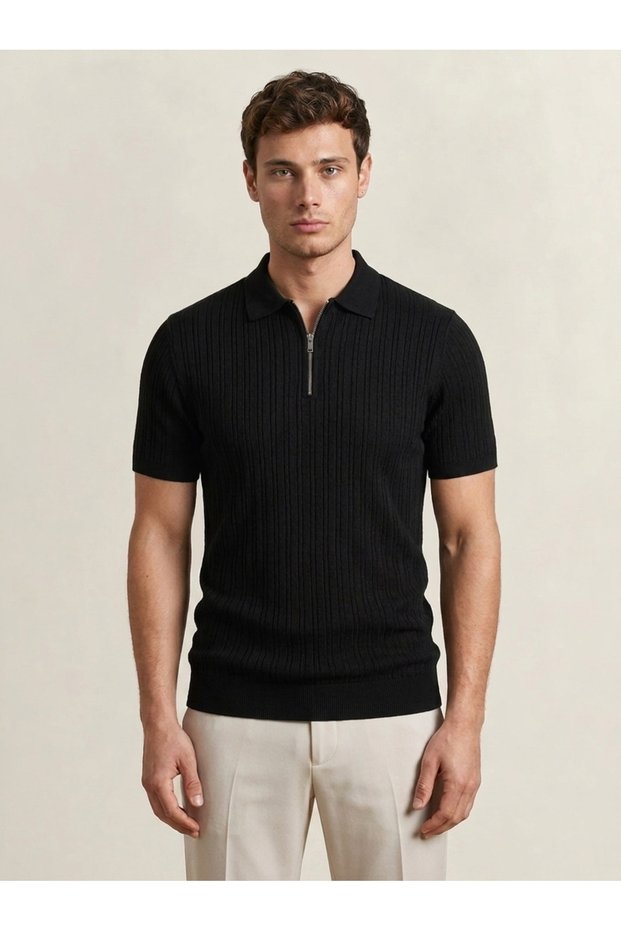 Men's Short Sleeve Half Zipper Ribbed Slim Knitwear T-Shirt
