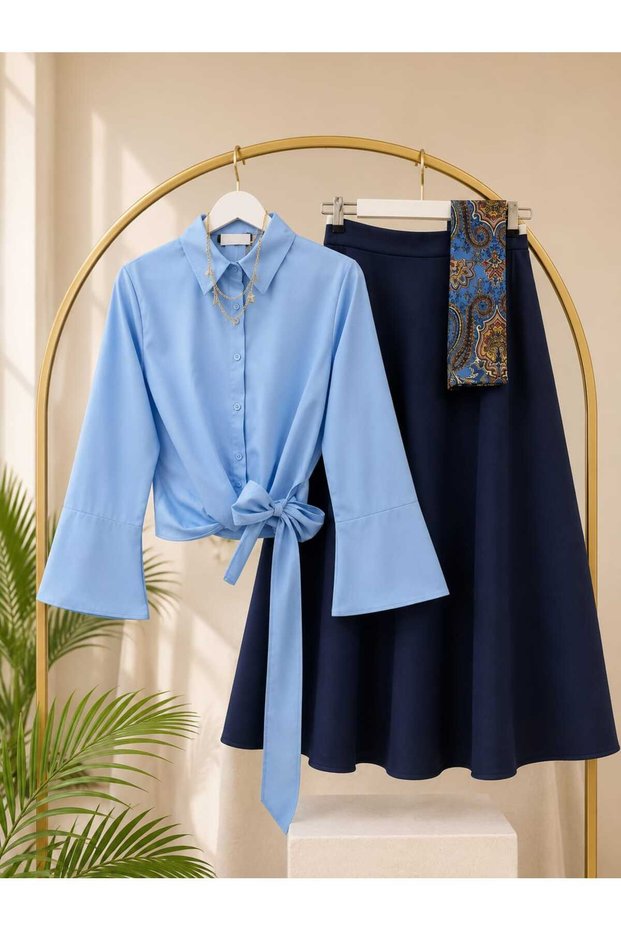 Women's Tie-Detail Shirt - Puff Scuba Skirt Set -0490 (Excluding Shawl)