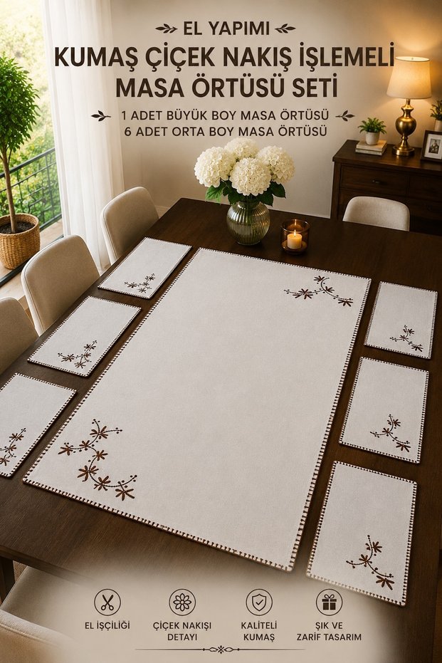 Handmade Fabric Floral Embroidered 7-Piece Tablecloth Set – 1 Large Tablecloth + 6 Medium American Placemats