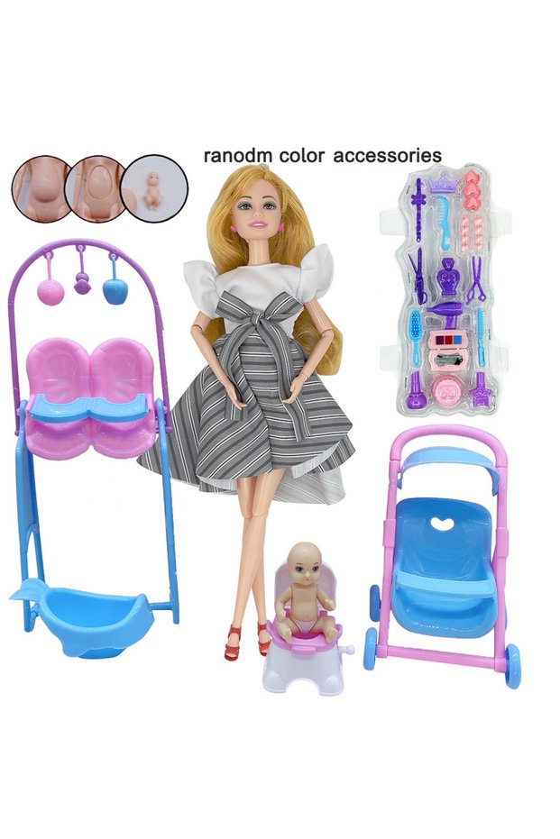 Grey mom set Pregnant Mom Big Belly Educational Toy Set Youngsters's Stroller Seat Toilet Doll and A