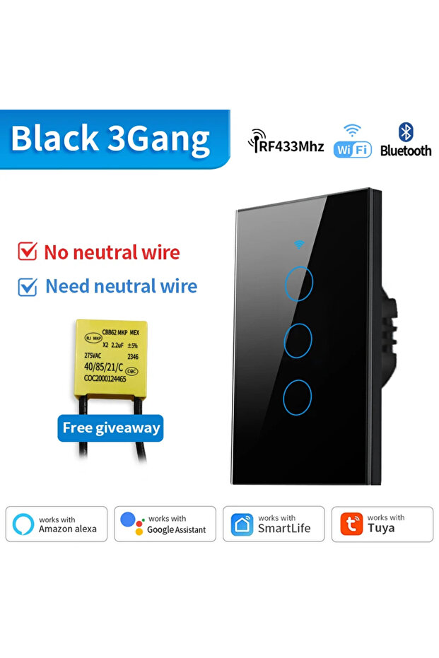 TNCE WIFI Blakc 3Gang TNCE Tuya WiFi+Bluetooth/Zigbee Smart Wall Switch 1/2/3/4 Gang No Neutral Wire
