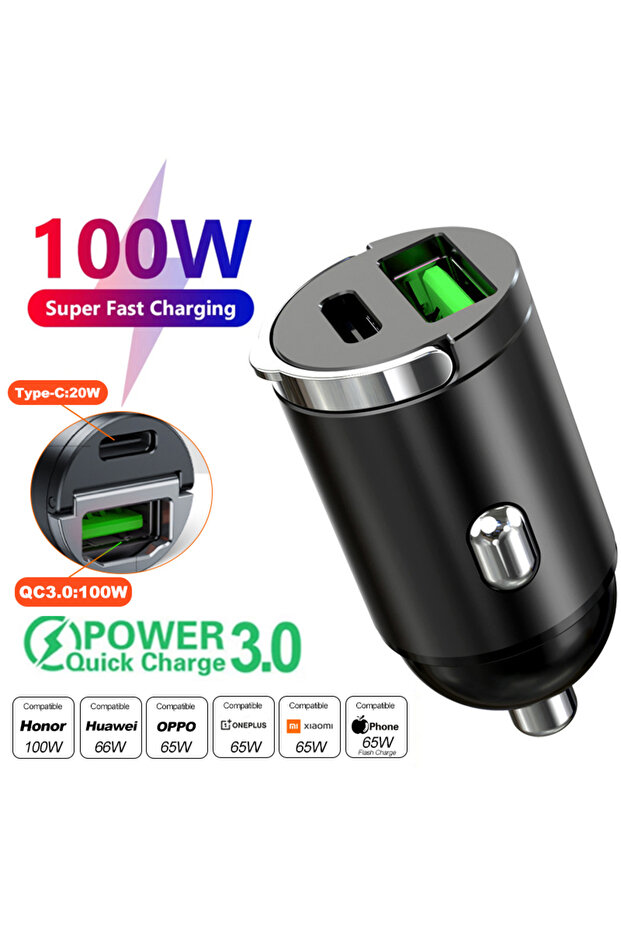 100W USB Type-c 100W/200W QC3.0 PD Mini Car Charger 12-24V Lighter Fast Charging Car USB Type C Char