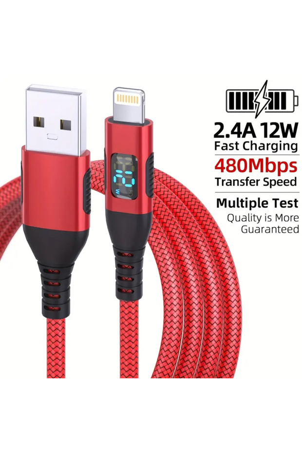 كابل شحن وبيانات سريع USB A إلى Lightning بطول 2 متر، أحمر اللون، مع شاشة رقمية، مجدول بالنايلون، 3 قطع