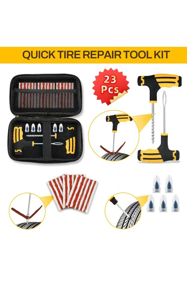 23PCS All-in-One Tire Repair Kit: Car Motorcycle Bike Truck Emergency Puncture Plug Tool with St...