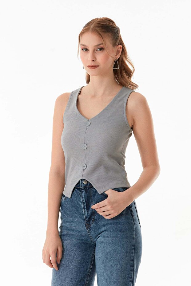 Basic Corded Buttoned Vest - 1