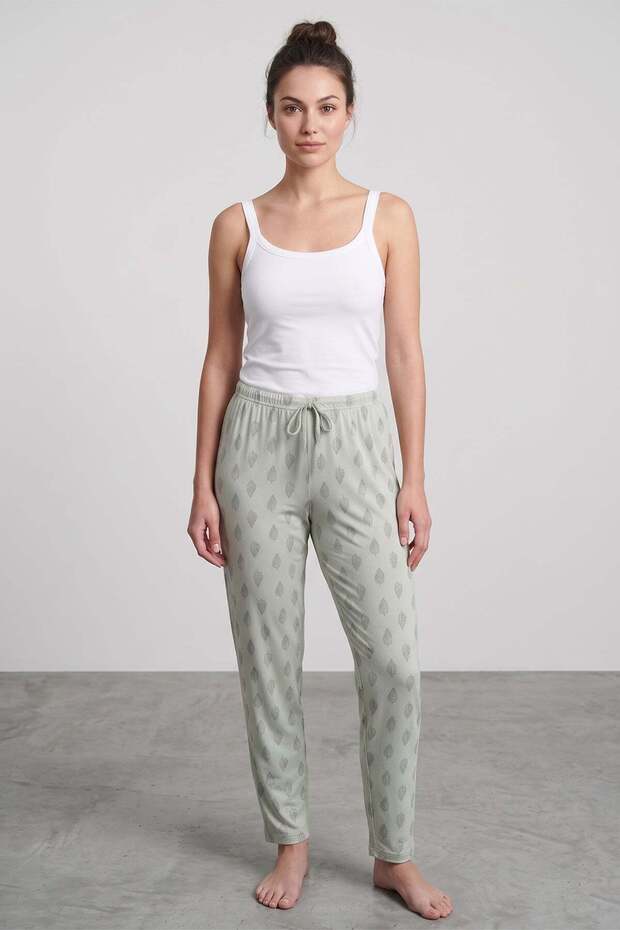 Small Leaf Patterned Pajama Bottoms with Elastic Waistband