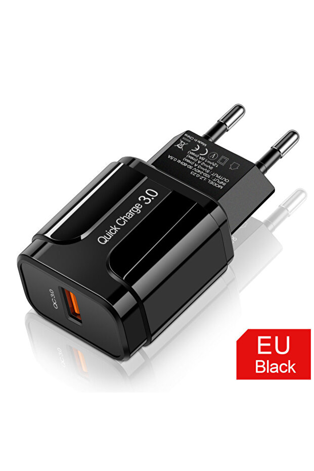 شاحن USB أسود بقوة 18 واط، شحن سريع، قابس أوروبي/أمريكي، محول طاقة لهواتف آيفون...
