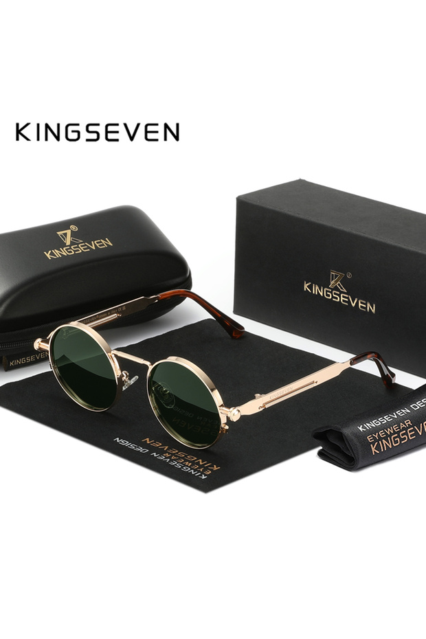 Golden Green KINGSEVEN Brand Men Polarized Steampunk Round Sunglasses Made Of Stainless Material Sun