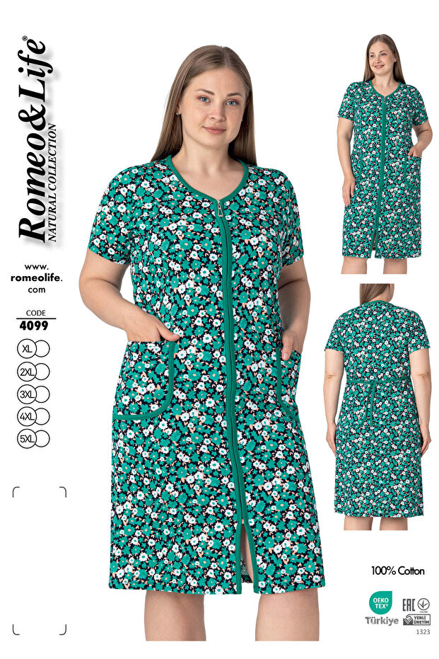 Women's Plus Size 100% Cotton Combed Fabric Zippered Summer Dress / Navy-White-Green