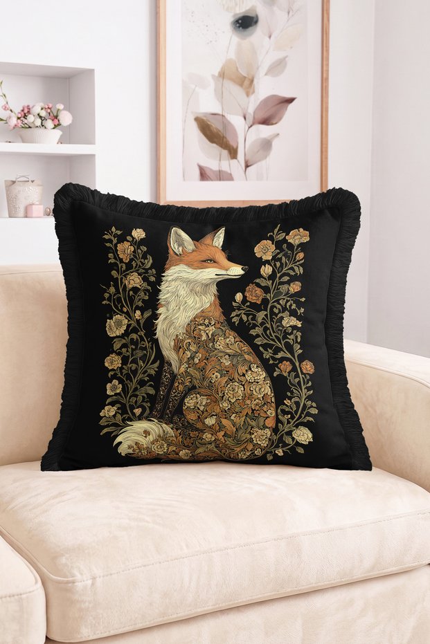Floral Patterned Fox Figured Fringed Throw Pillow Cover - Vintage Tassel Pillowcase