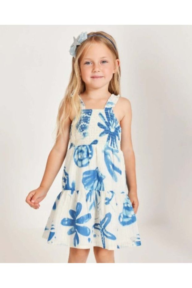 Girl's Blue Abstract Floral Patterned Strappy Summer Dress 2-8 Years Blue