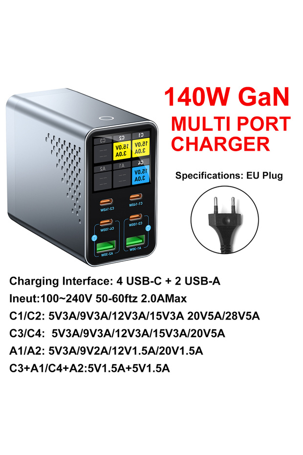 Plug Type EU GaN Charger 6-IN-1 PD Multi-port charger USB Type C igital Display Fast Charging Statio