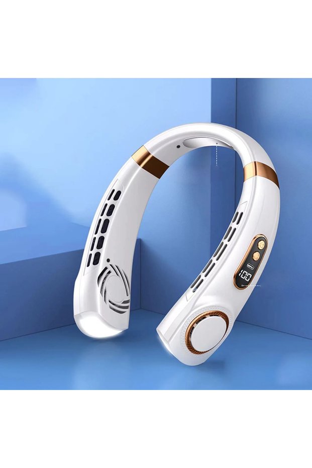 white JKUOO Portable Neck Fan,Hands Free Bladeless Fan with LED 4 Cooling Plate,Personal Fan 4000mAh